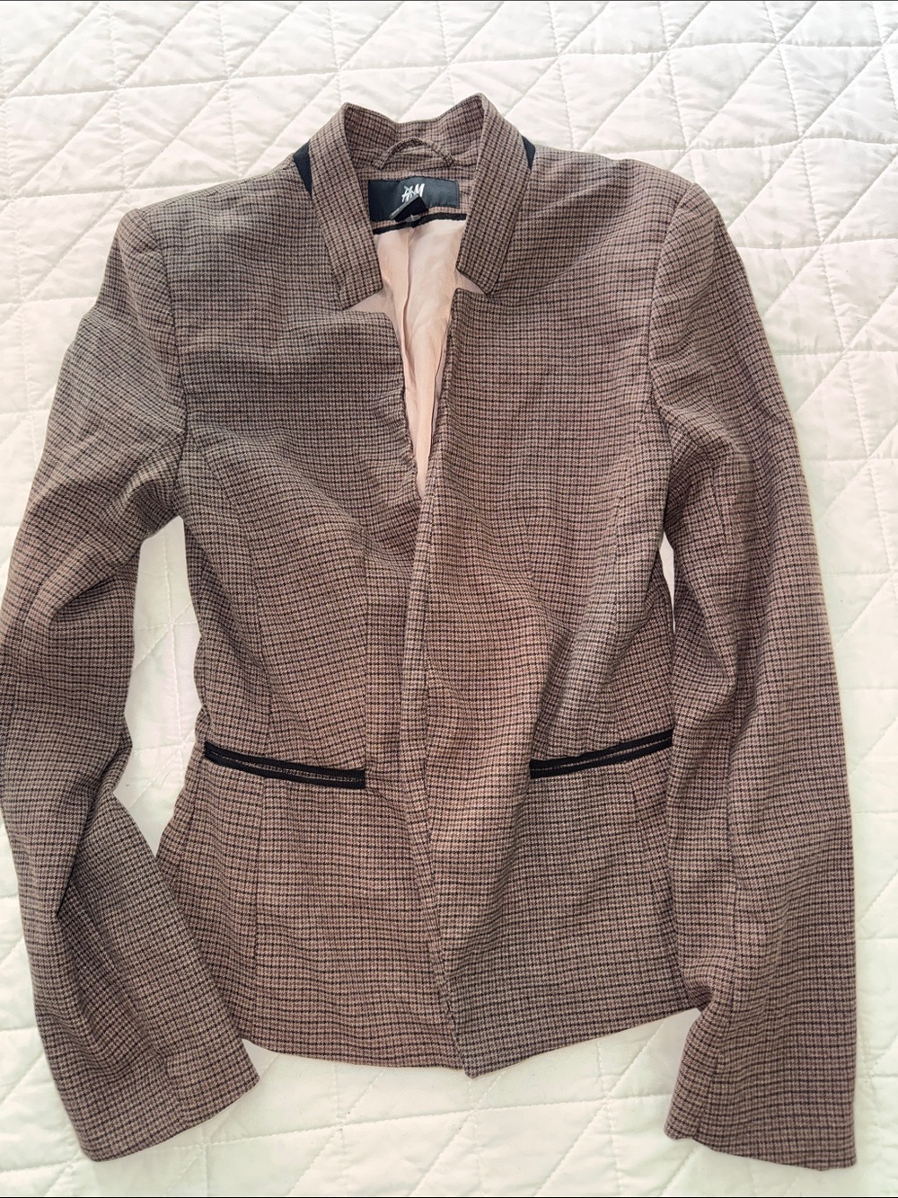 H&M Women's Brown Plaid Collarless Blazer with Black Trim